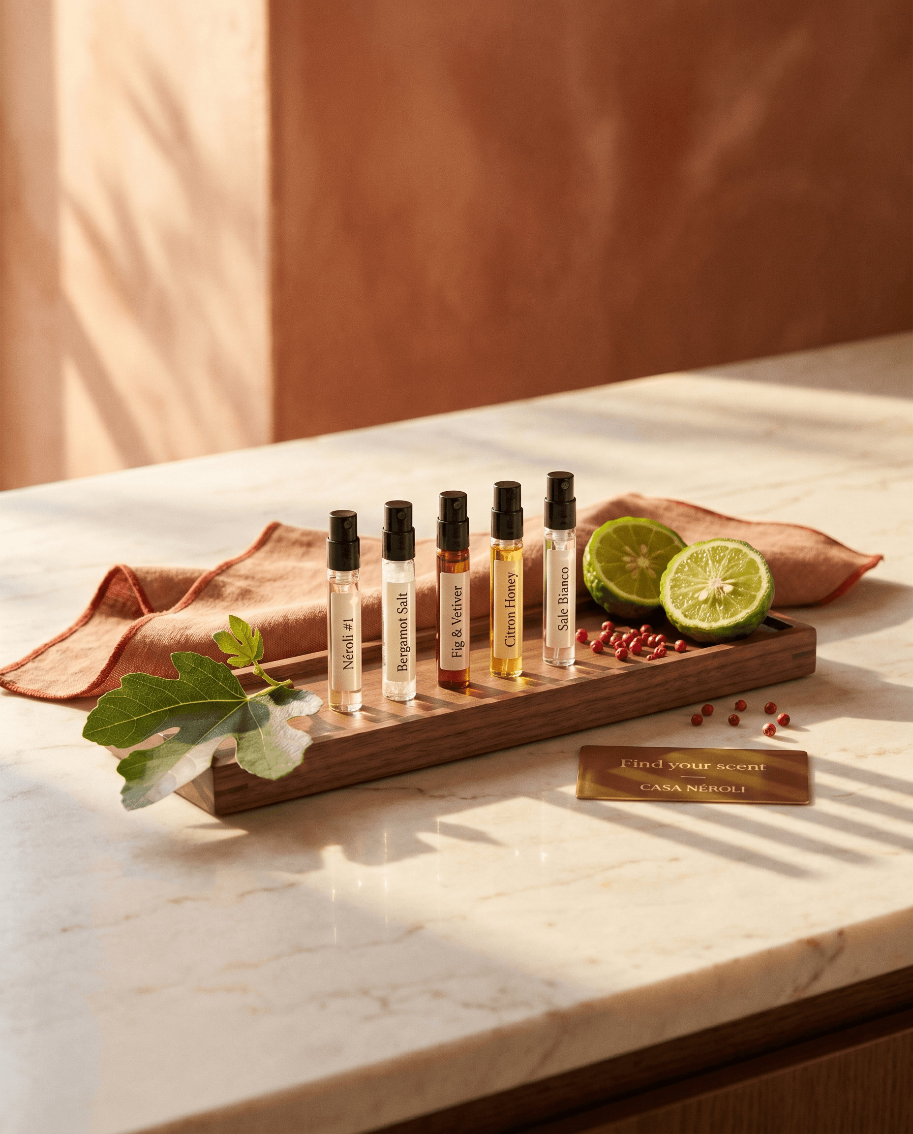 Discovery sample-set met vijf vials op linen en bergamot