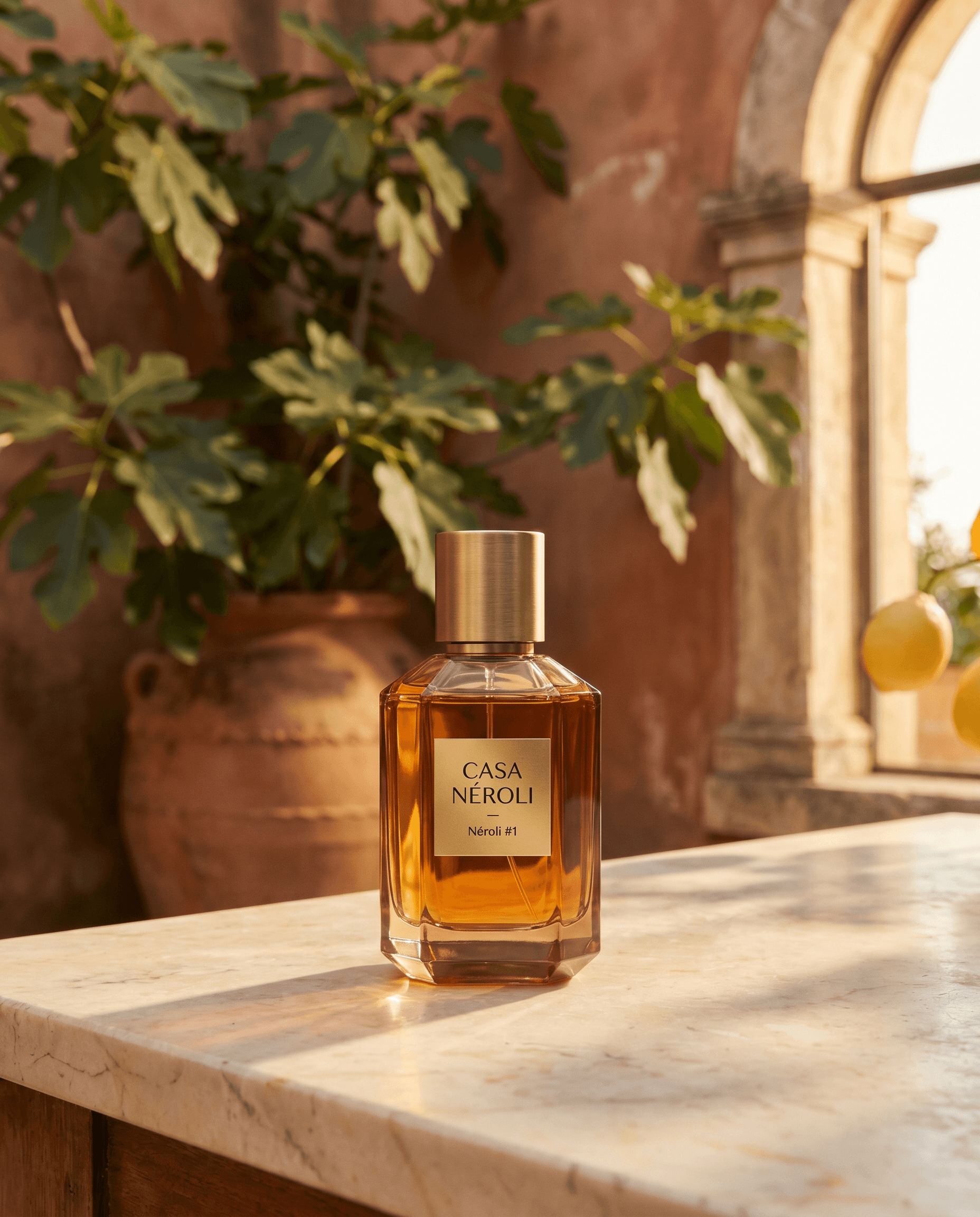 Hero bottle op villa marble met fig leaves
