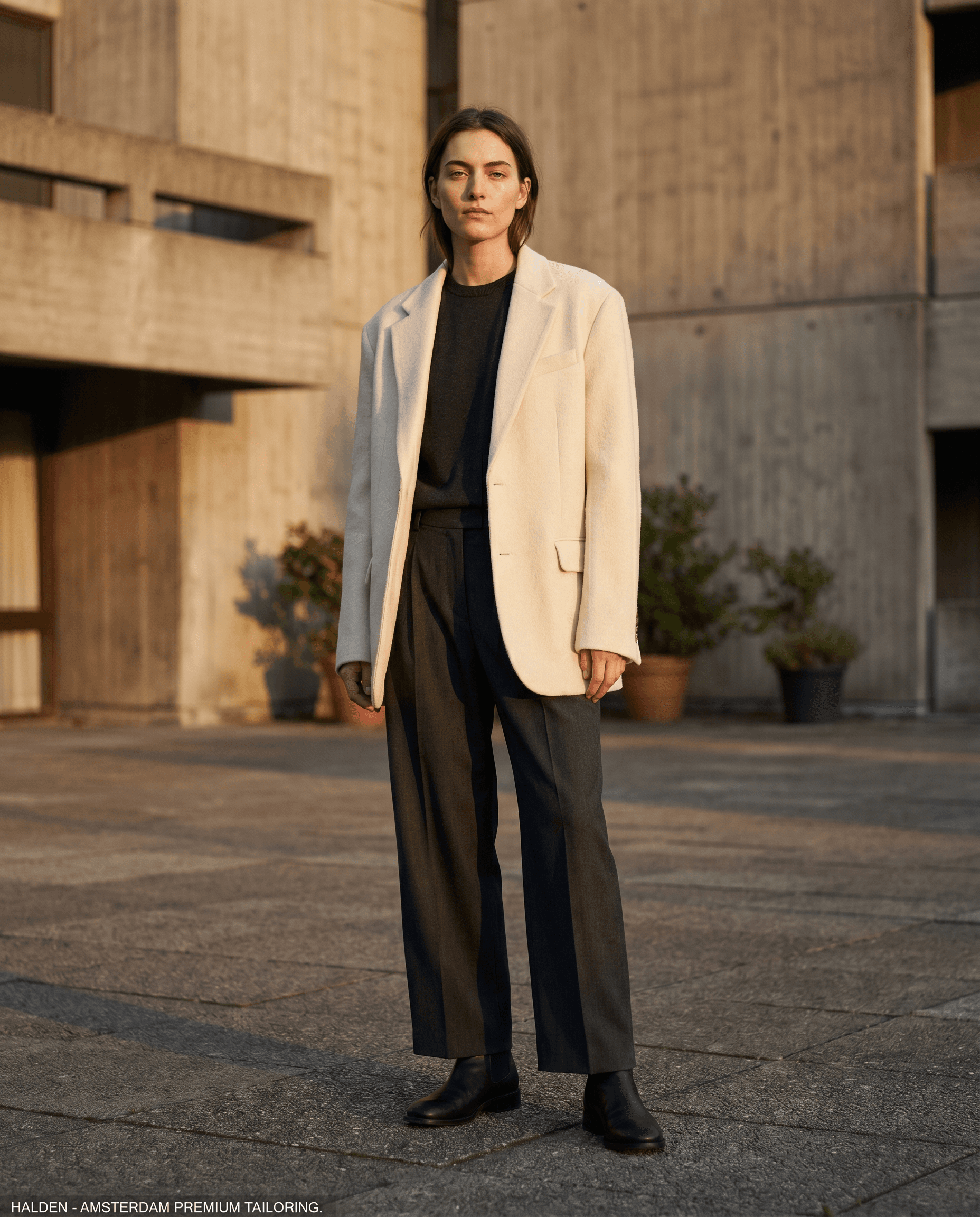 Editorial hero portret in een brutalist courtyard, golden hour