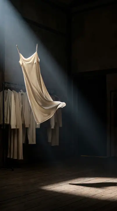 Satijnen jurk zweeft en golft in een bundel licht boven een rek