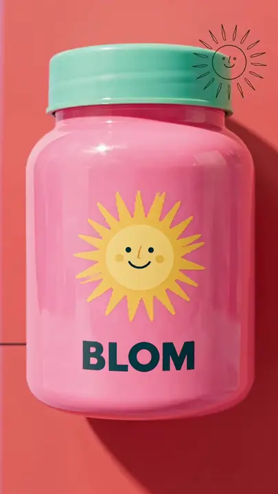 Kinetische typografie schuift langs een pot fruitgummies op gestreepte vlakken