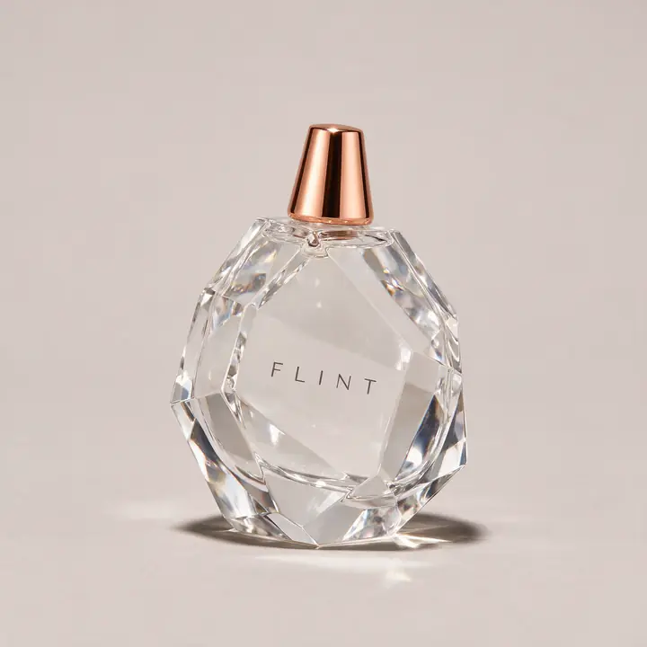 Kristallen parfumflacon met roségouden dop op een neutrale ondergrond