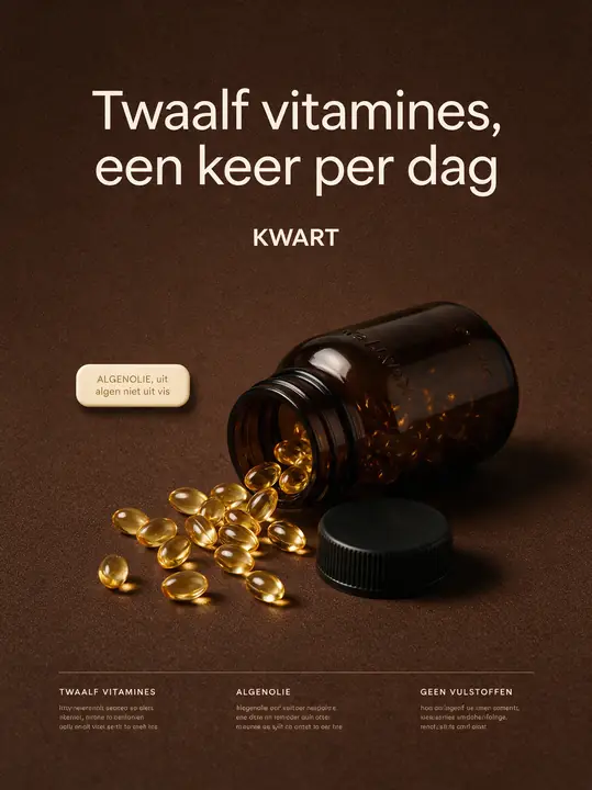 Omgevallen pot met vitaminecapsules tegen donkerbruin
