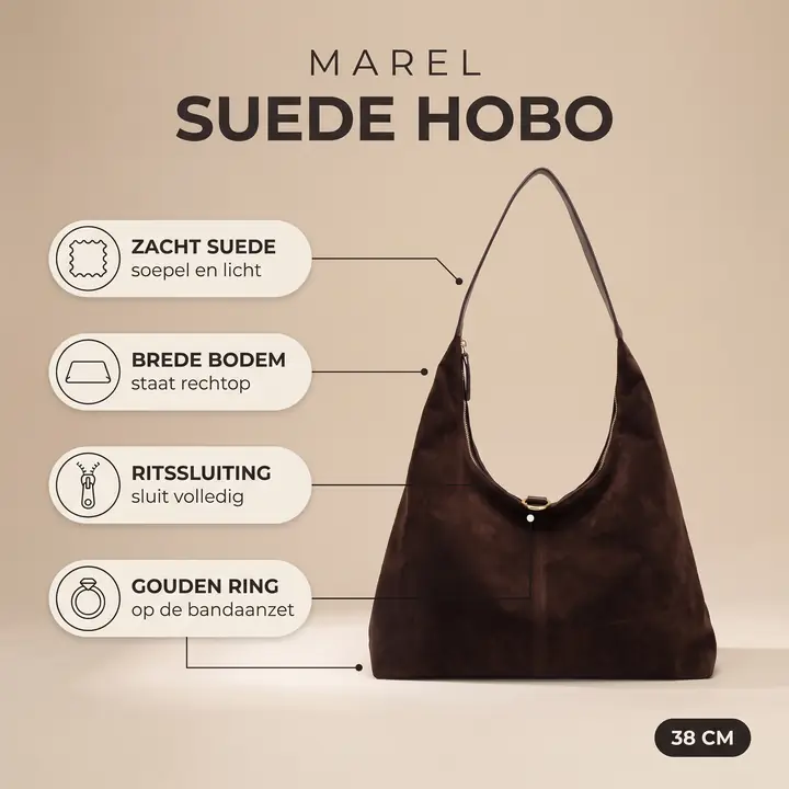 Marketplace-listing van de suède schoudertas met kenmerken en maten
