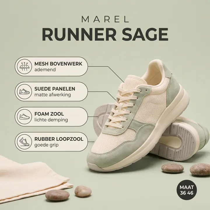 Marketplace-listing van de sneaker met kenmerken en maatbereik
