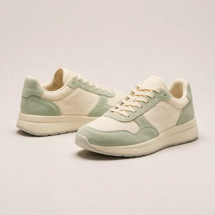 Sneakers in sage en gebroken wit op een neutrale achtergrond
