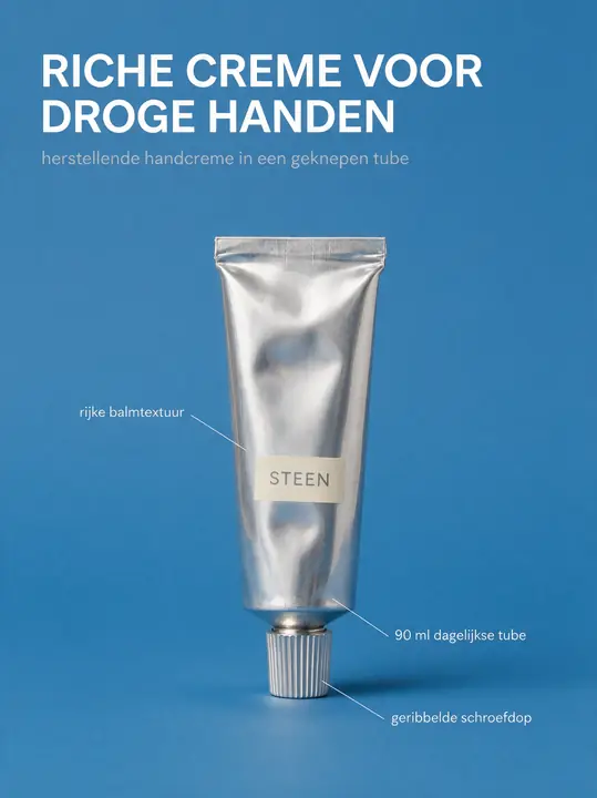 Zilveren tube handcreme met kop tegen helderblauw