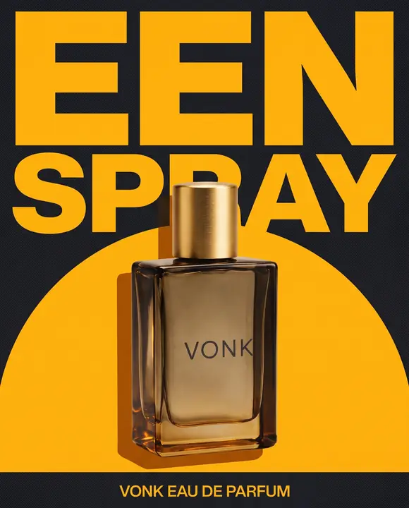 Printposter in amber en houtskool met de parfumflacon